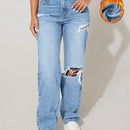 Jeans de pierna recta cepillado de tela termico de talle alto desgarro