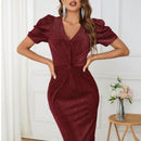 Vestido ajustado girante delantero de manga farol brillante
