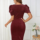 Vestido ajustado girante delantero de manga farol brillante