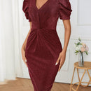 Vestido ajustado girante delantero de manga farol brillante
