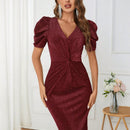 Vestido ajustado girante delantero de manga farol brillante