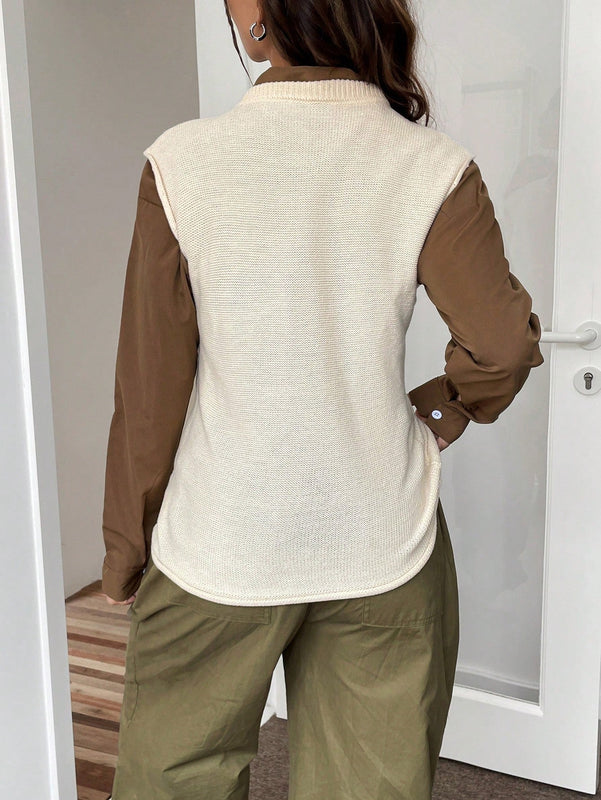 EZwear Chaleco de punto unicolor de cuello redondo sin camisa