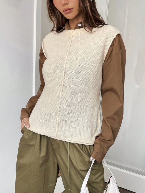 EZwear Chaleco de punto unicolor de cuello redondo sin camisa