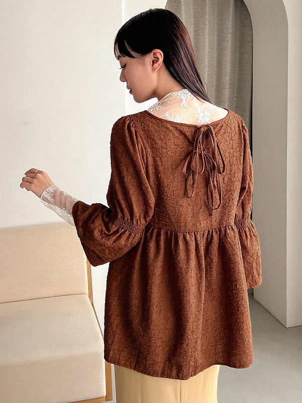 FRIFUL Blusa peplum con mangas con volante y encaje en contraste de jacquard