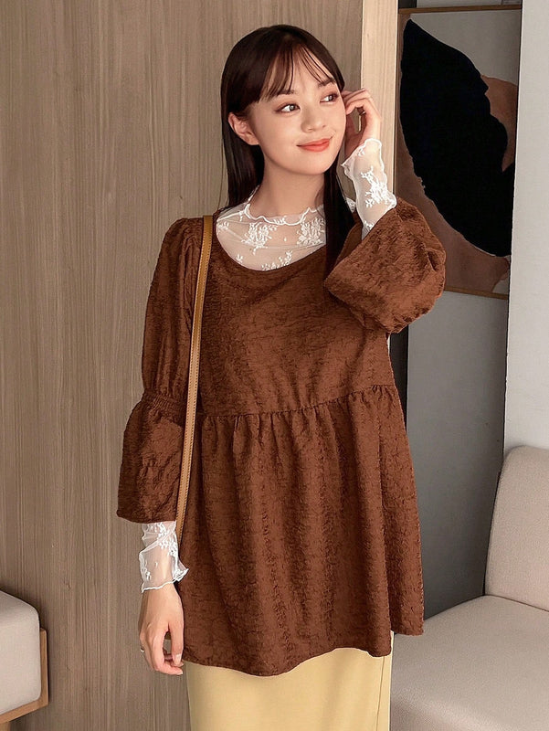 FRIFUL Blusa peplum con mangas con volante y encaje en contraste de jacquard