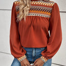 LUNE Blusa con estampado geometrico fruncido de cuello alto de manga farol