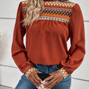 LUNE Blusa con estampado geometrico fruncido de cuello alto de manga farol