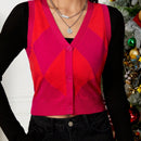 EZwear Chaleco de punto con patron de rombo con boton delantero sin camiseta