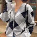 Dazy cardigan con bloques de color y argyle para mujer, informal para otono/invierno