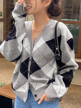 Dazy cardigan con bloques de color y argyle para mujer, informal para otono/invierno