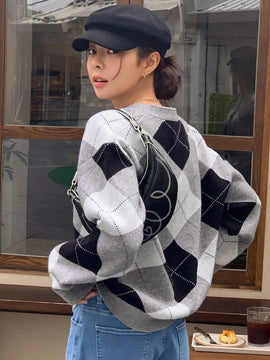 Dazy cardigan con bloques de color y argyle para mujer, informal para otono/invierno