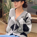 Dazy cardigan con bloques de color y argyle para mujer, informal para otono/invierno