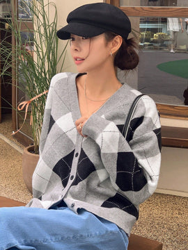 Dazy cardigan con bloques de color y argyle para mujer, informal para otono/invierno
