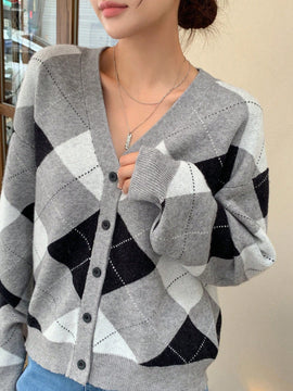 Dazy cardigan con bloques de color y argyle para mujer, informal para otono/invierno