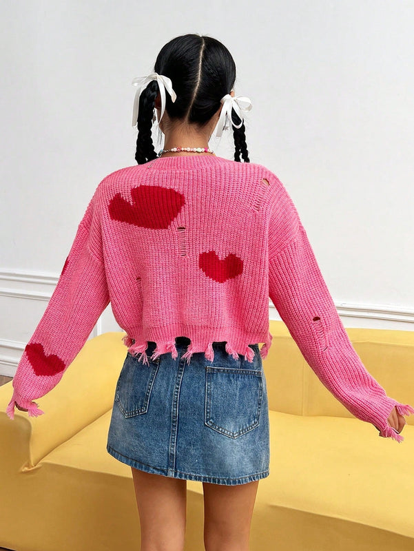 EZwear Jersey crop con patron de corazon de hombros caidos roto