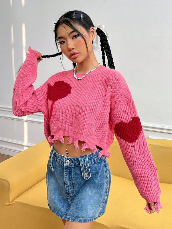 EZwear Jersey crop con patron de corazon de hombros caidos roto