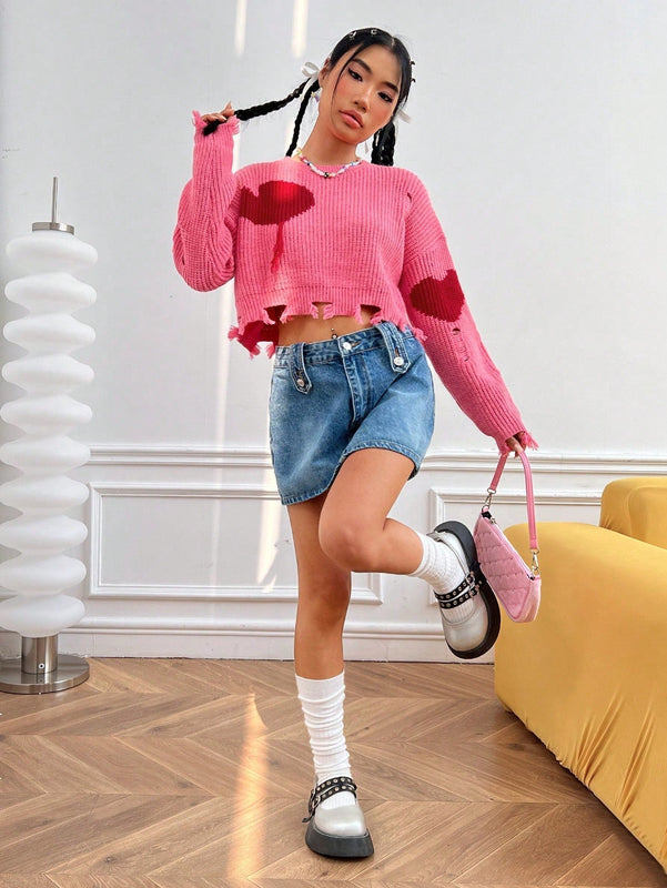EZwear Jersey crop con patron de corazon de hombros caidos roto