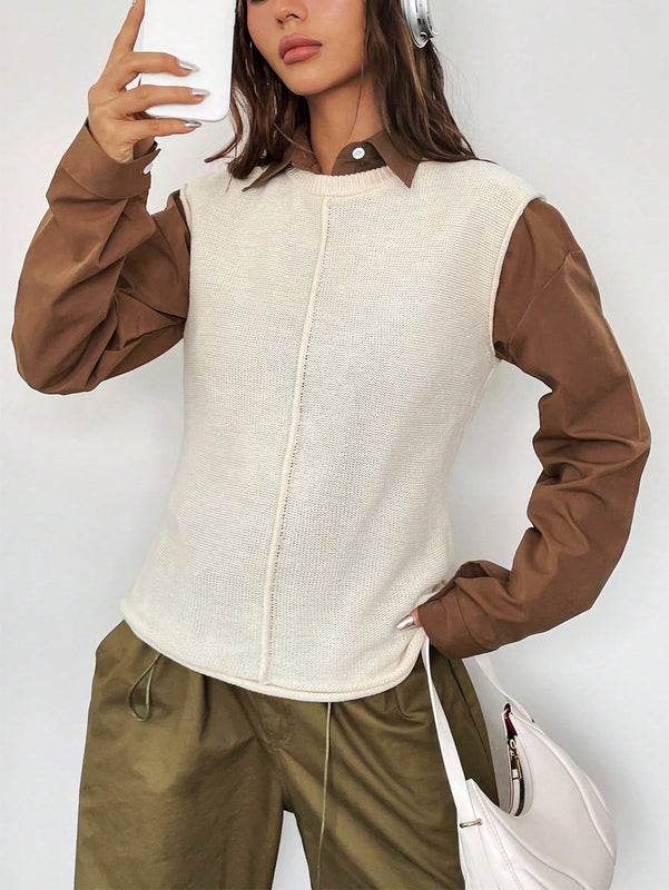 EZwear Chaleco de punto unicolor de cuello redondo sin camisa