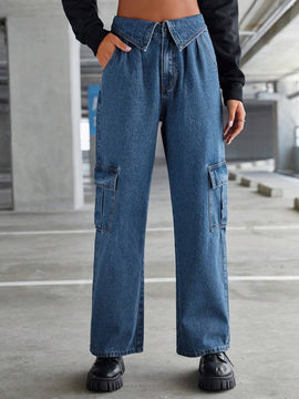 EZwear Jeans cargo de cintura doblada con bolsillo con solapa