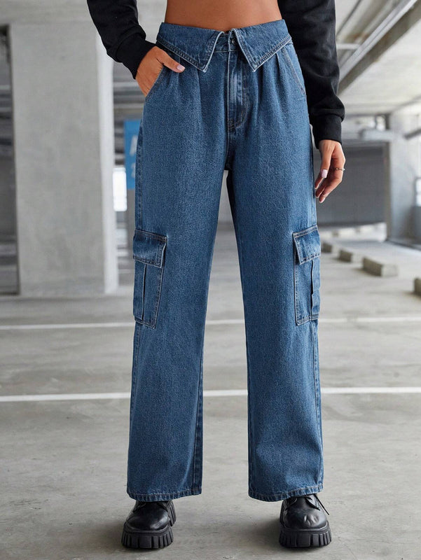 EZwear Jeans cargo de cintura doblada con bolsillo con solapa
