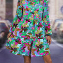 Vestido smock con estampado de hoja de manga farol bajo con fruncido