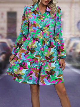 Vestido smock con estampado de hoja de manga farol bajo con fruncido