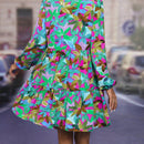 Vestido smock con estampado de hoja de manga farol bajo con fruncido