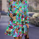 Vestido smock con estampado de hoja de manga farol bajo con fruncido