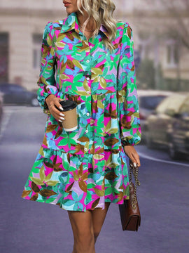 Vestido smock con estampado de hoja de manga farol bajo con fruncido