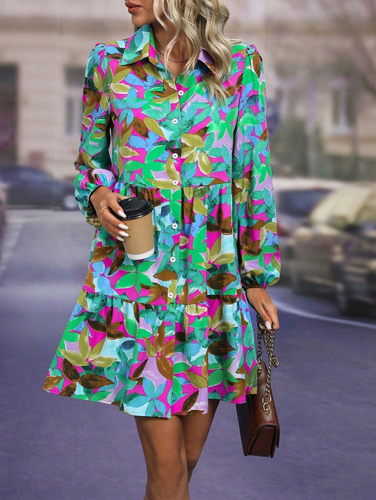 Vestido smock con estampado de hoja de manga farol bajo con fruncido