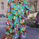 Vestido smock con estampado de hoja de manga farol bajo con fruncido