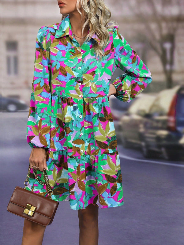 Vestido smock con estampado de hoja de manga farol bajo con fruncido