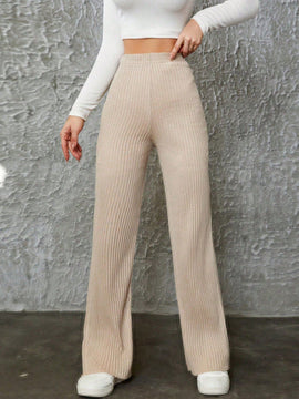 Pantalones de pierna ancha de punto acanalado solido