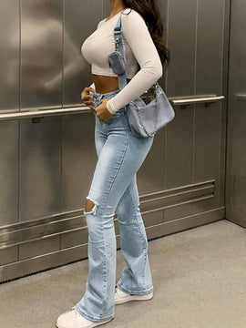 Pantalones casuales vintage para mujer con efecto desgastado y bolsillo