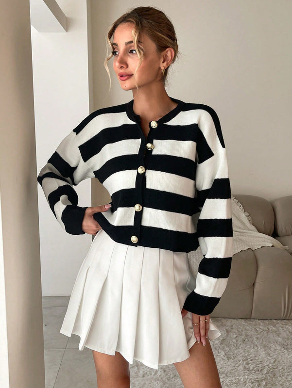 Cardigan de punto casual de manga larga de un solo abotonado con hombros caidos y rayas, para otono/invierno