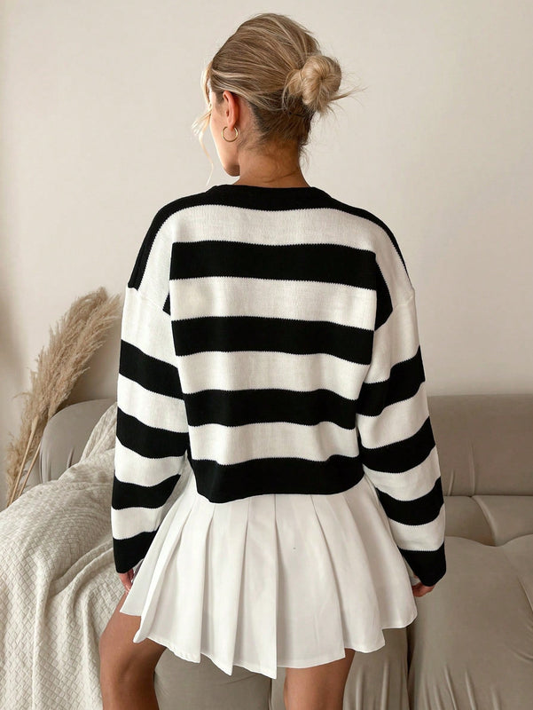 Cardigan de punto casual de manga larga de un solo abotonado con hombros caidos y rayas, para otono/invierno