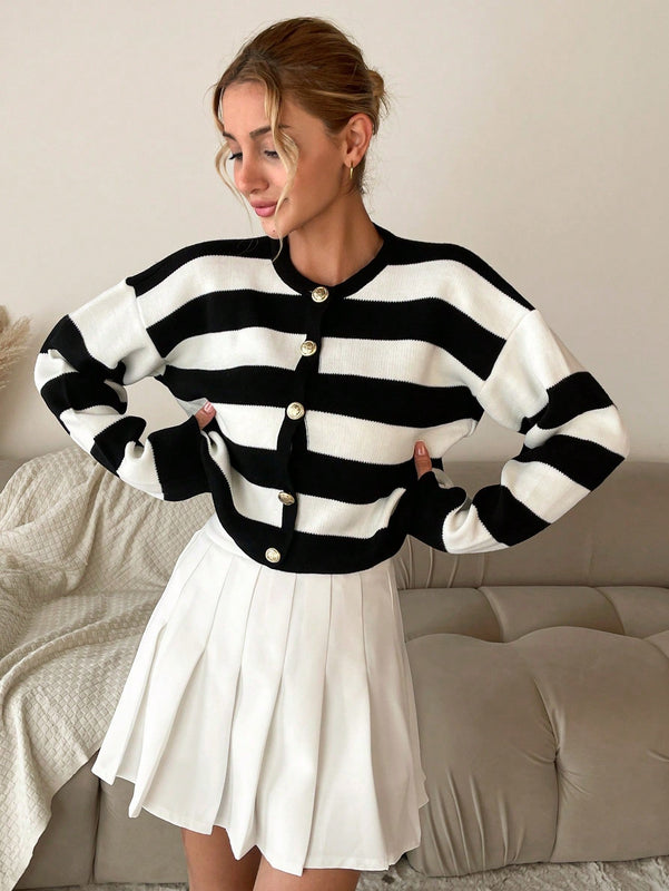 Cardigan de punto casual de manga larga de un solo abotonado con hombros caidos y rayas, para otono/invierno