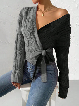 Prive cardigan cruzado con bloqueo de color y nudo frontal, para otono/invierno