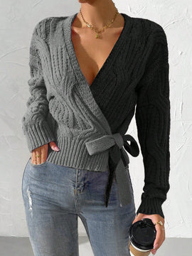 Prive cardigan cruzado con bloqueo de color y nudo frontal, para otono/invierno
