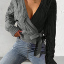 Prive cardigan cruzado con bloqueo de color y nudo frontal, para otono/invierno