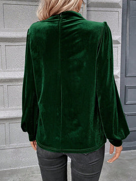 Clasi Blusa de cuello alto de manga farol de terciopelo