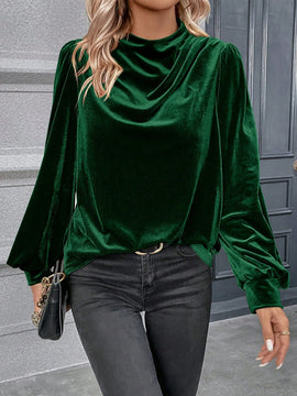 Clasi Blusa de cuello alto de manga farol de terciopelo