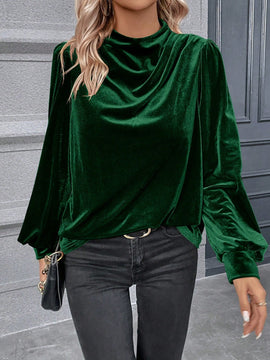 Clasi Blusa de cuello alto de manga farol de terciopelo