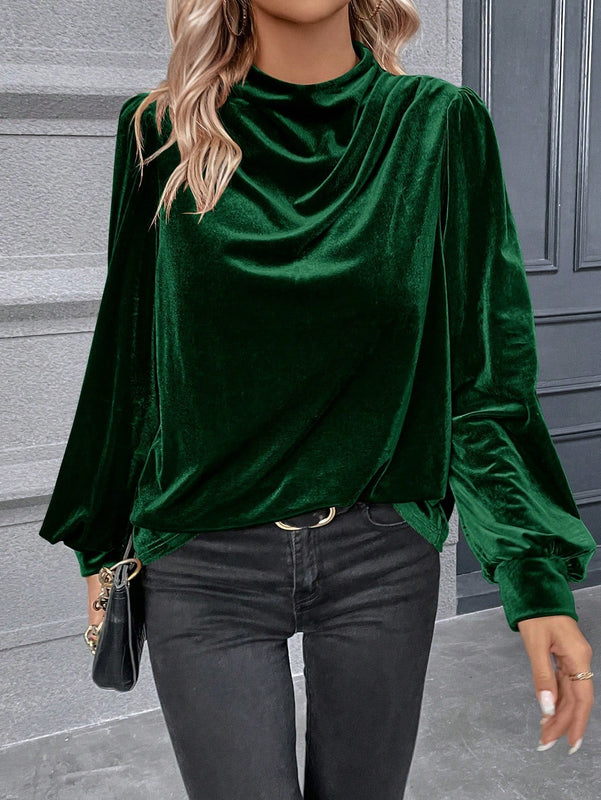 Clasi Blusa de cuello alto de manga farol de terciopelo
