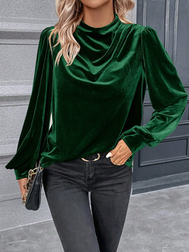 Clasi Blusa de cuello alto de manga farol de terciopelo