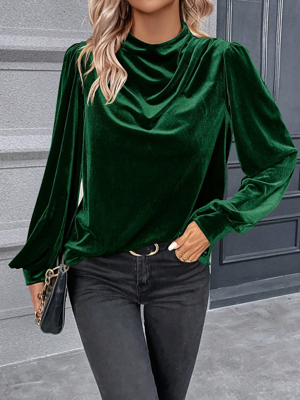 Clasi Blusa de cuello alto de manga farol de terciopelo