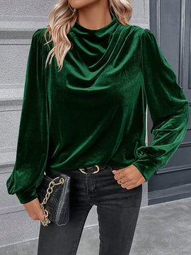 Clasi Blusa de cuello alto de manga farol de terciopelo