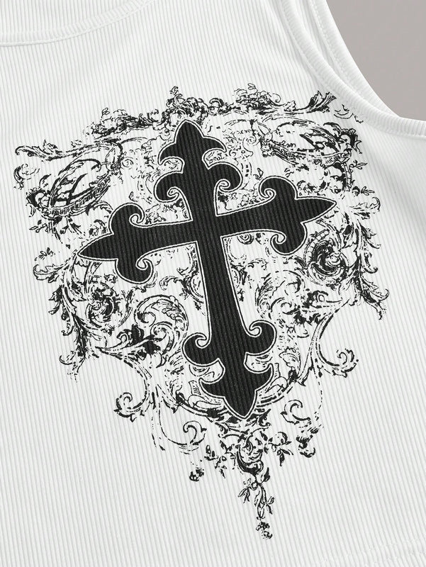 ROMWE Grunge Punk Top De Tanque Acanalado Con Estampado De Cruz