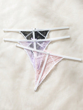 Ropa Interior De Encaje Negro Para Mujeres Con Tanga Y Lazo En La Parte Trasera
