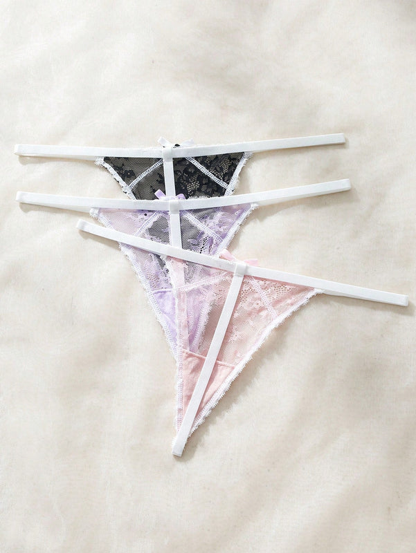 Ropa Interior De Encaje Negro Para Mujeres Con Tanga Y Lazo En La Parte Trasera